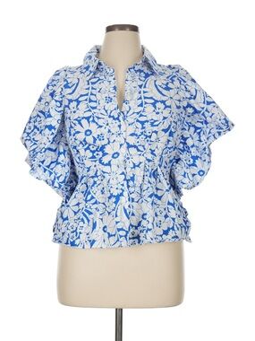 Zara Blue and White Floral Button-Front Ruffle Sleeve Blouse